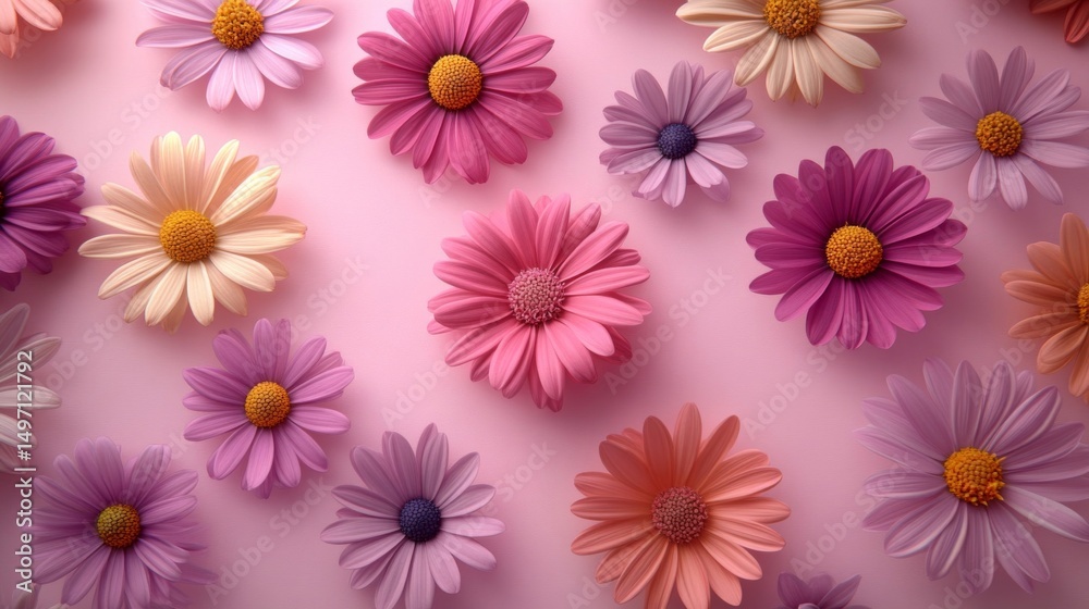 Fototapeta premium Pastel Paper Daisies on Pink Background