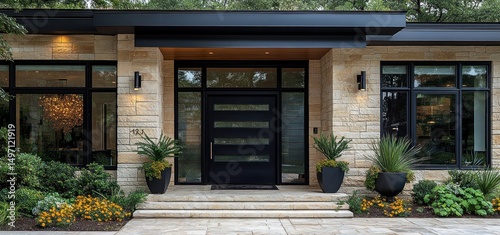 Modern House Exterior Design: Elegant Stone and Black Accents