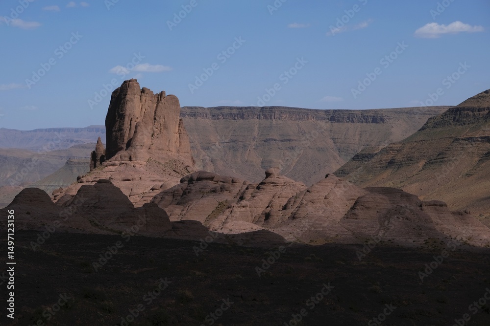 Fototapeta premium Amazing mountain landscapes of Jebel Saghro with volcanic rocks eroded by wind and time. Atlas, Anti Atlas, Morocco