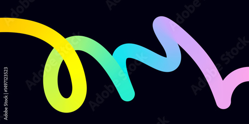 Horizontal banner with abstract bright 3d rainbow curve smooth wavy line, signature, autograph, neon gradient pattern with loop. Background with empty text box, colored ribbon shape. Vector EPS10