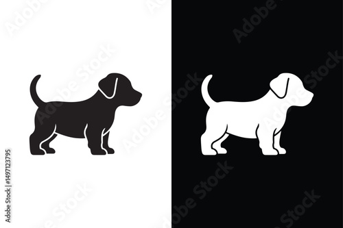 Small Dog Silhouette Vector Cute Puppy Icon in Black and White.