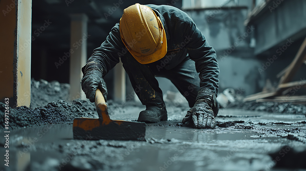 Construction Worker Smoothing Concrete Floor Construction Worker Smoothing Concrete Floor