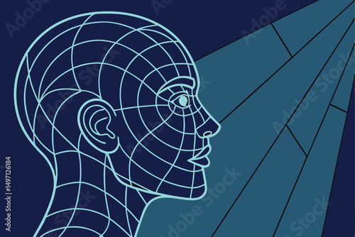 A human head silhouette in blue evokes concepts of mind, intelligence, and thought, often representing ideas or creativity with a symbolic profile illustration