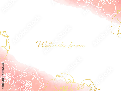 ピンクの水彩背景に花のイラストをあしらったおしゃれなフレームイラスト