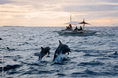 People on boat watching dolphin jumping out of the water, Bohol island, Philippines