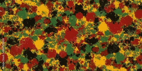 Abstract brush splatter texture background in Pan-African colors red, yellow, green, black. For Juneteenth, Black History Month, Africa Day, cultural identity, anti-racism awareness, celebration