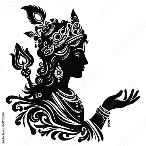 Vector of Krishna Silhouette Art Hindu Deity Indian Culture Religious Symbolism Spiritual Design Black and White Ornamentation