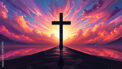 Silhouette of a person walking towards a cross under a vibrant sunset sky with cloud reflections