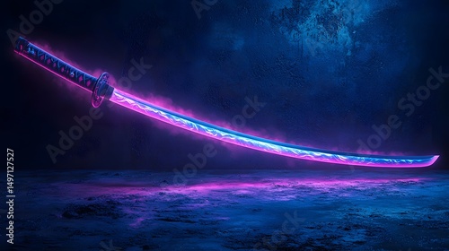 Glowing neon katana sword against a moody atmospheric night sky