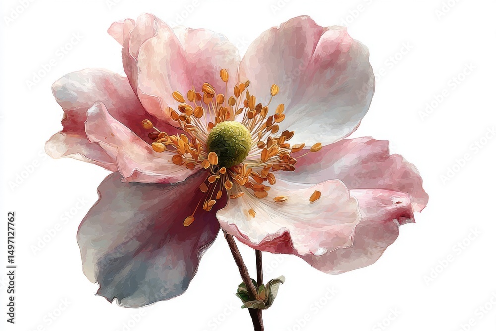 Fototapeta premium Delicate Pink Anemone Blossom with Gold Center