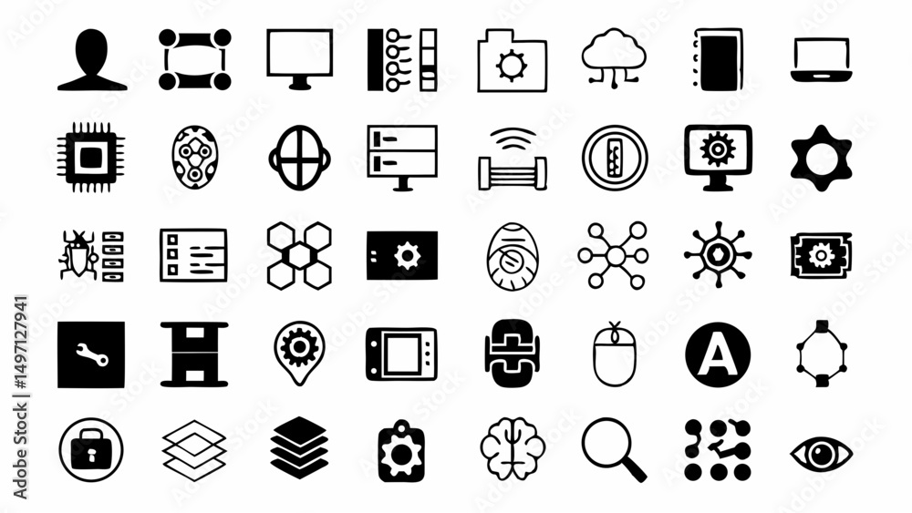 Fototapeta premium Decoding the Digital Age A comprehensive collection of tech development icons represents