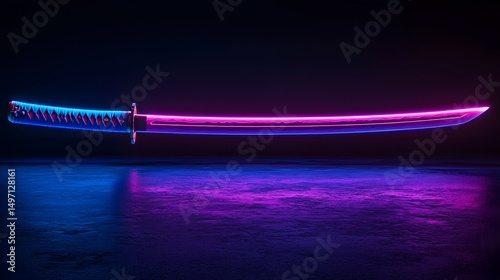Neon illuminated katana sword glowing in the dark