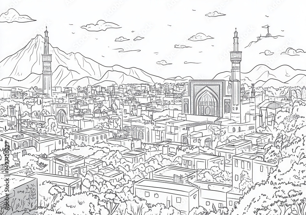 Obraz premium Strichzeichnung einer Stadtlandschaft mit Minaretten und Bergen im Hintergrund