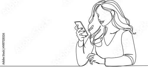 continuous single line drawing of young woman looking at her phone, line art vector illustration