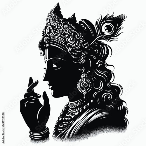 Vector of Krishna Silhouette Art Featuring Intricate Crown and Peacock Feather Details  A Stunning Black and White Design Perfect for Religious Art Prints and Spiritual Decor