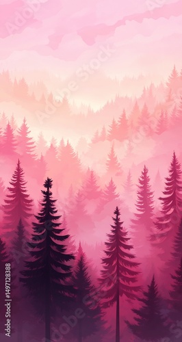Pink Misty Forest Sunrise Landscape.