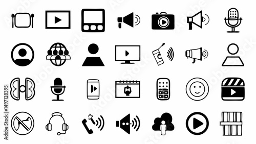 Collection of essential communication and multimedia icons depicting technology media and networking