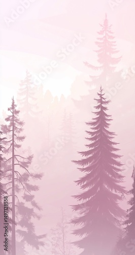 Pink misty forest with sunrise.