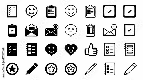 Icons of positive productivity communication and validation showcasing vector graphics in a clean