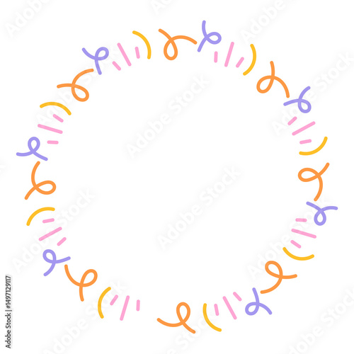 Ribbon Swirl Round Border. Cheerful celebratory circle with line curved elements confetti and doodles. Vector illustration