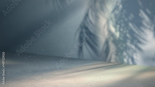 4K Seamless loop of tropical palm leaf shadows on smooth bluish background, soft natural light animation with copy space, ambient overlay for visual design, product display, presentations, branding