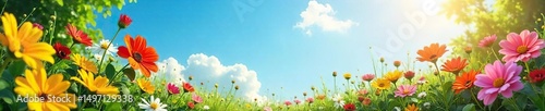 Vibrant summer scene featuring bright flowers, lush greenery, and a sunny sky Perfect for travel, nature, and seasonal themes Ideal for websites, blogs, and social media posts , garden, travel, june
