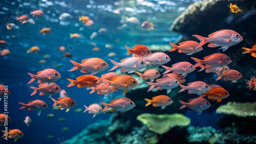 Numerous colorful fish swimming amongst coral reef in clear ocean water