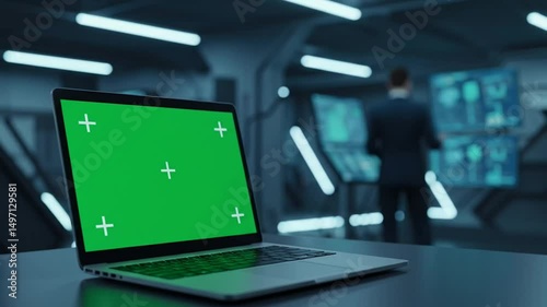 Futuristic Laptop Green Screen Video | High-Tech Minimalist Interior with Glowing Lights