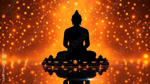 Silhouette of buddha sitting above a building with orange bokeh lights in the background reflection below
