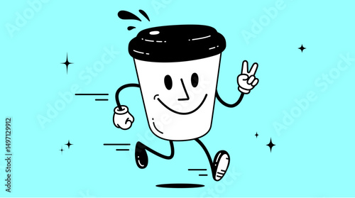 Coffee cup, funny character mascot. Design template, logo, sign, graphic element for advertising, branding, poster. Funny coffee cup, cartoon character mascot, smile coffee cup. Vector Illustration