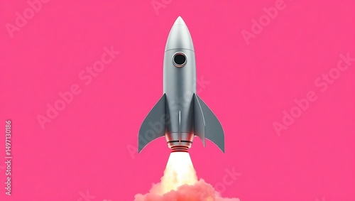 A silver rocket launching with smoke against a pink background in a studio shot with good lighting