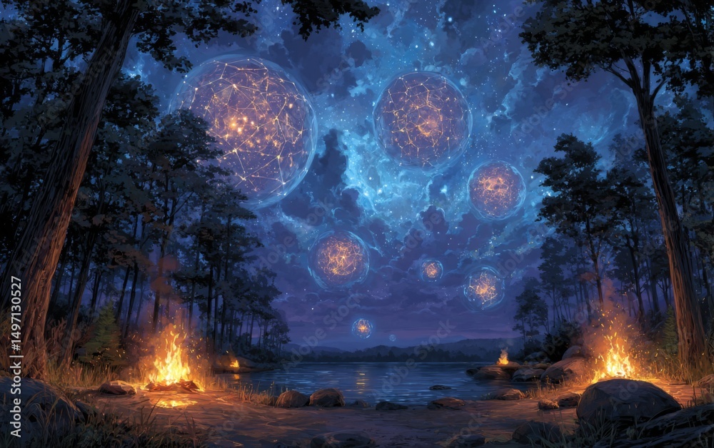 Obraz premium Night Forest Scene with Glowing Celestial Spheres