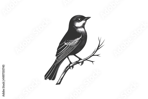 Perched songbird with white throat and dark plumage shown in profile on thin branch, isolated on a transparent background