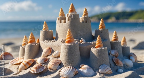 Sandcastle on the beach surrounded by seashells, with a blue sky and water in the background. photo