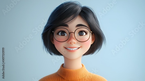 Smiling young woman with short black hair and glasses