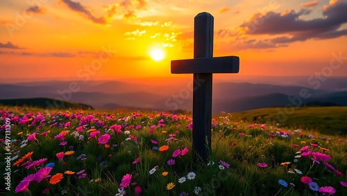A cross stands in a field of flowers at sunset with mountains in the distance under a colorful sky