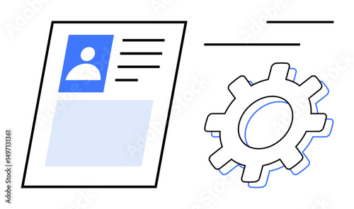 User profile card next to a gear icon symbolizing account management, customization, system settings, and optimization. Ideal for user interface, administration, technology, productivity