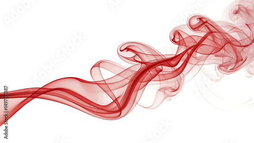 Elegant red silk-like smoke wave swirling dynamically on a clean white background with floating particles, ideal for abstract art, motion design, wallpapers, and creative visual projects.