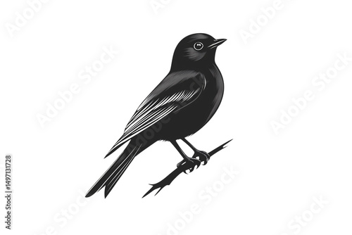 Sleek black bird with pointed beak sitting on bare branch, featuring elegant wing details, isolated on a transparent background