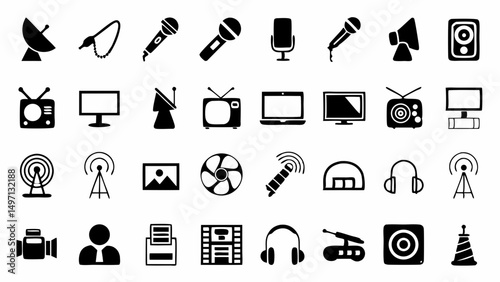 Collection of bold communication icons reflecting global connectivity and media isolated on a white