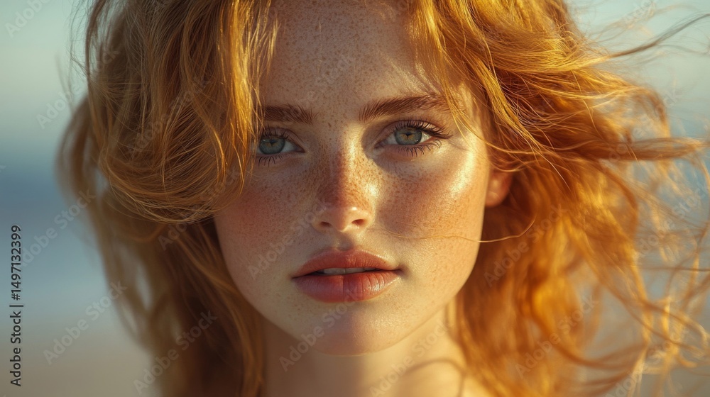 Fototapeta premium Closeup Portrait of a Young Redhead Woman with Freckles