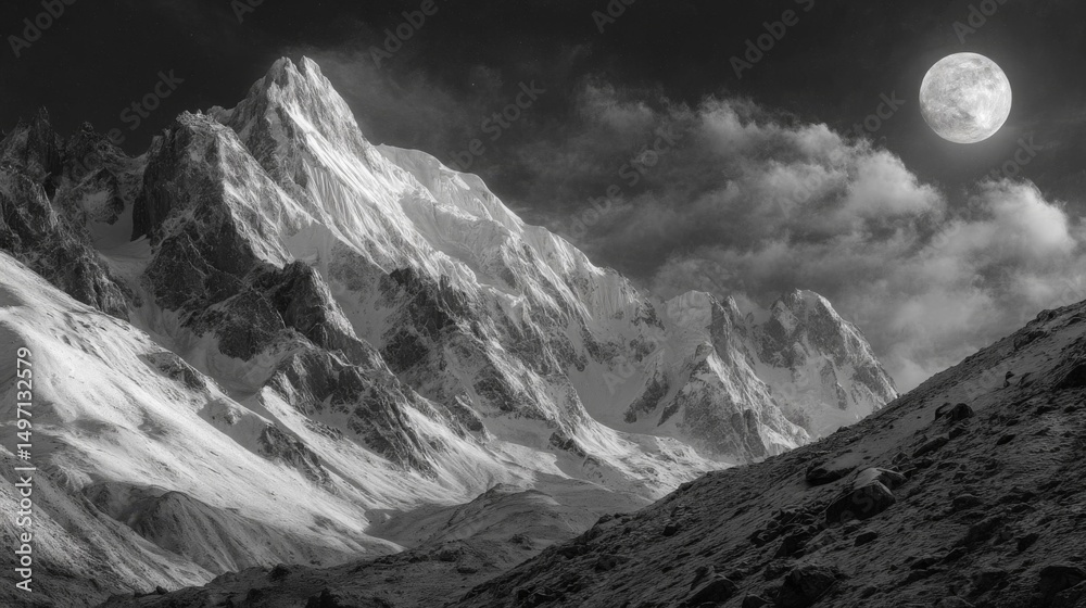 Obraz premium Majestic Snowy Mountain Peak Under a Full Moon at Night