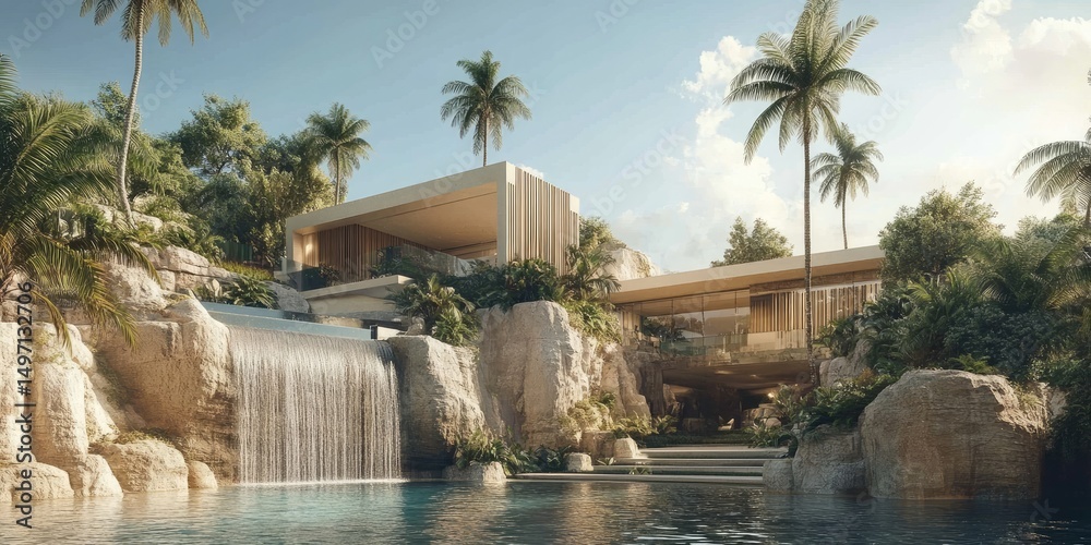 Naklejka premium Modern tropical house with waterfall and pool nestled in rocky landscape