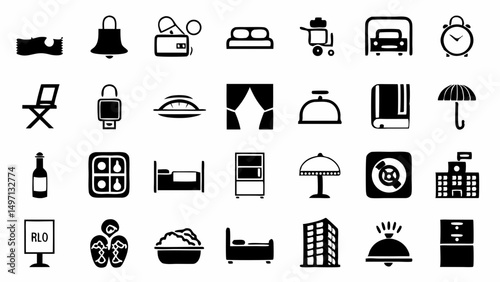 Hotel and travel icons essentials for a relaxing getaway including rooms food and amenities in black