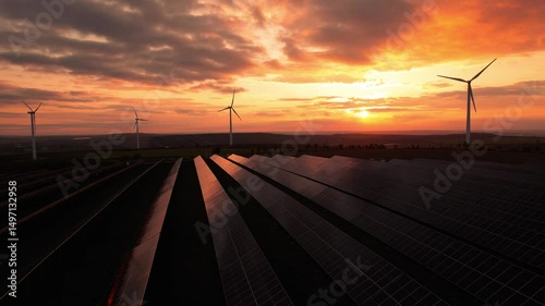 Windmill turbines generating green energy electric.
Aerial view. Green energy reduce carbon emissions and makes earth cleaner and more ecological. Solar panels park and wind turbines at sunset.