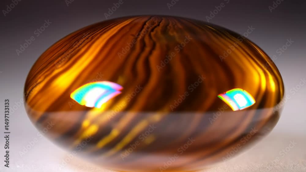 Abstract brown and golden glass orb object with shimmering light reflecting across surface, creating wavy, organic patterns.