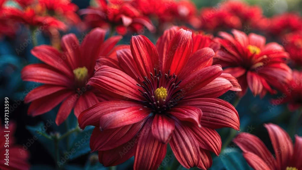Fototapeta premium Close-up of red flowers with vibrant petals and dark centers, surrounded by green leaves.