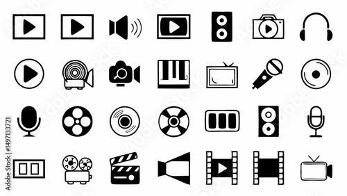 A comprehensive collection of media icons symbolizing entertainment and communication in sleek line