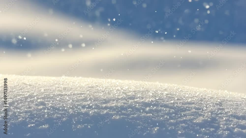 Falling snow in winter scenery featuring fresh white snow cover, sunlight reflecting off sparkling ice crystals, and blurry blue sky background during daytime.
