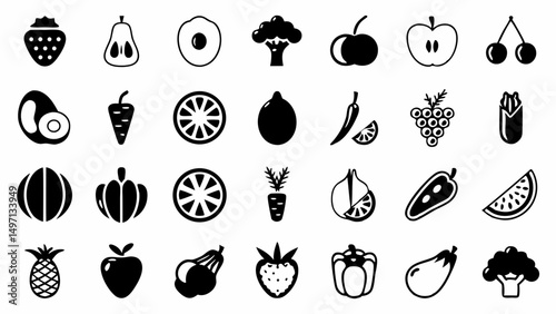 Celebrating a Variety of Fresh Fruits Veggies A Culinary Delight in Black and White Food Icons